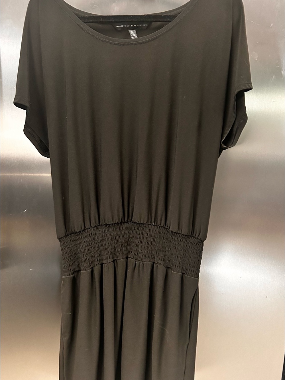 White House Black Market Black Midi Dress with Smocked Waist